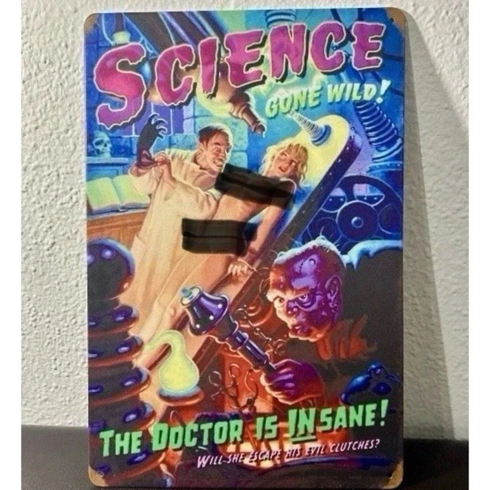 Retro Sci-Fi Metal Tin Sign‎ 'Science Gone Wild' Mad Scientist Horror Wall Art
